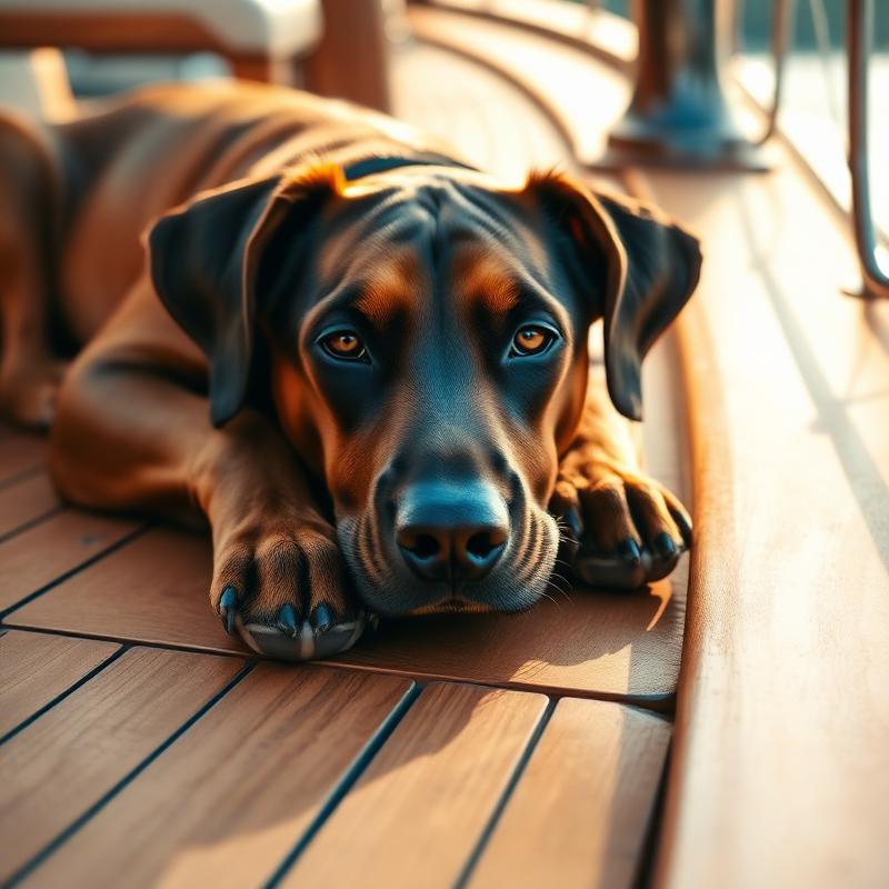Doberman resting on warm teak deck