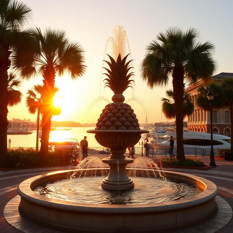 Charleston pineapple fountain at golden hour