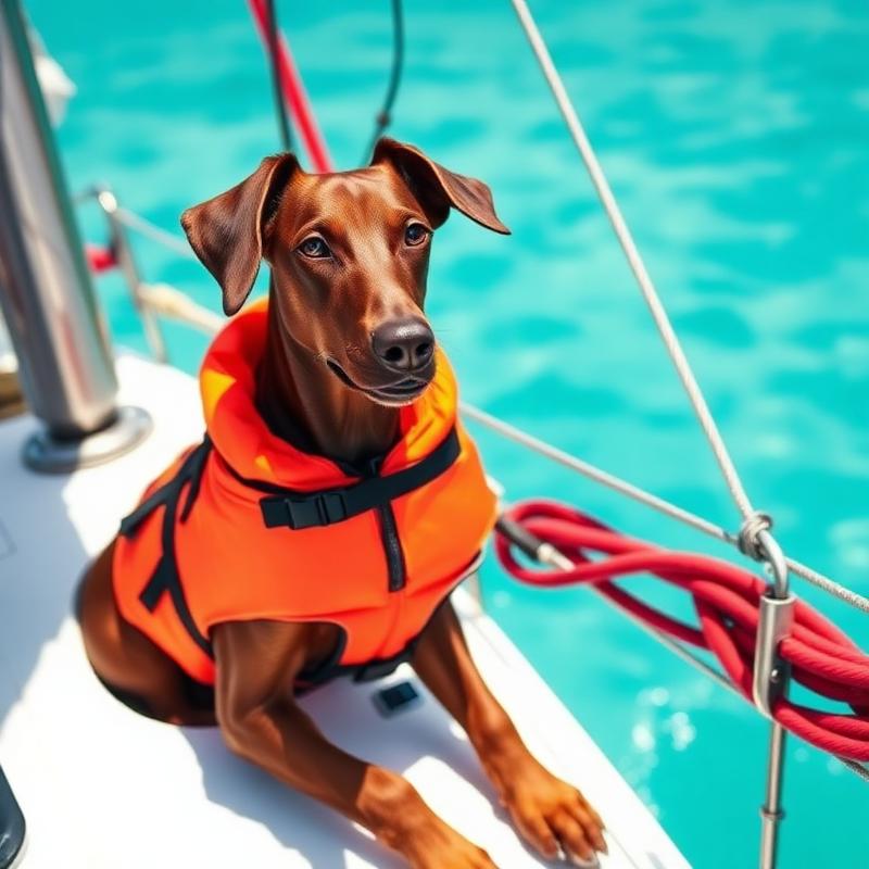 Red Doberman in a life jacket on the bow