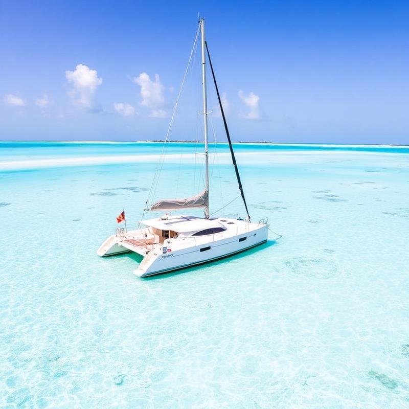 Catamaran anchored in glassy turquoise water