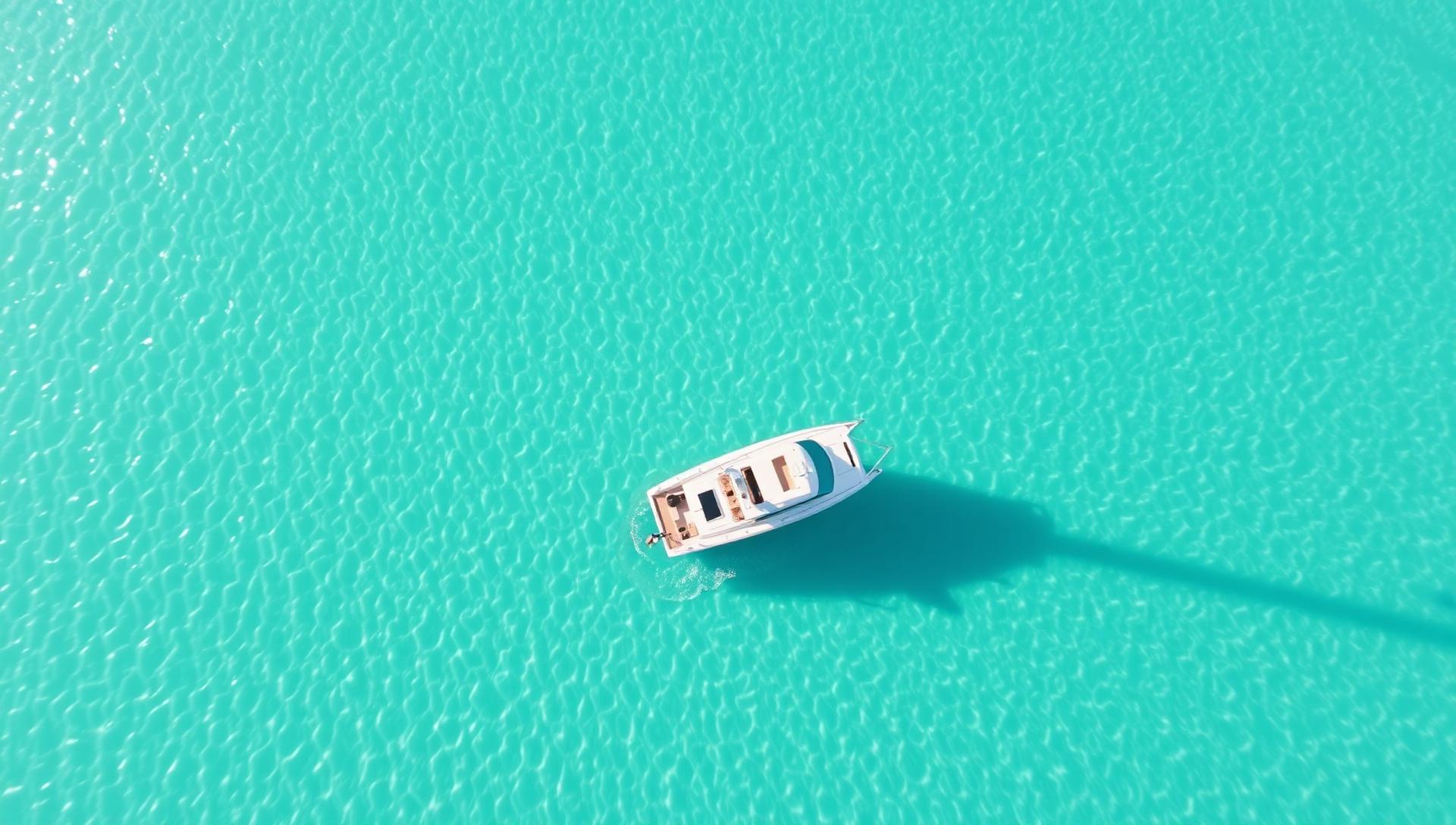 Drone view of the catamaran in clear turquoise Bahamian water